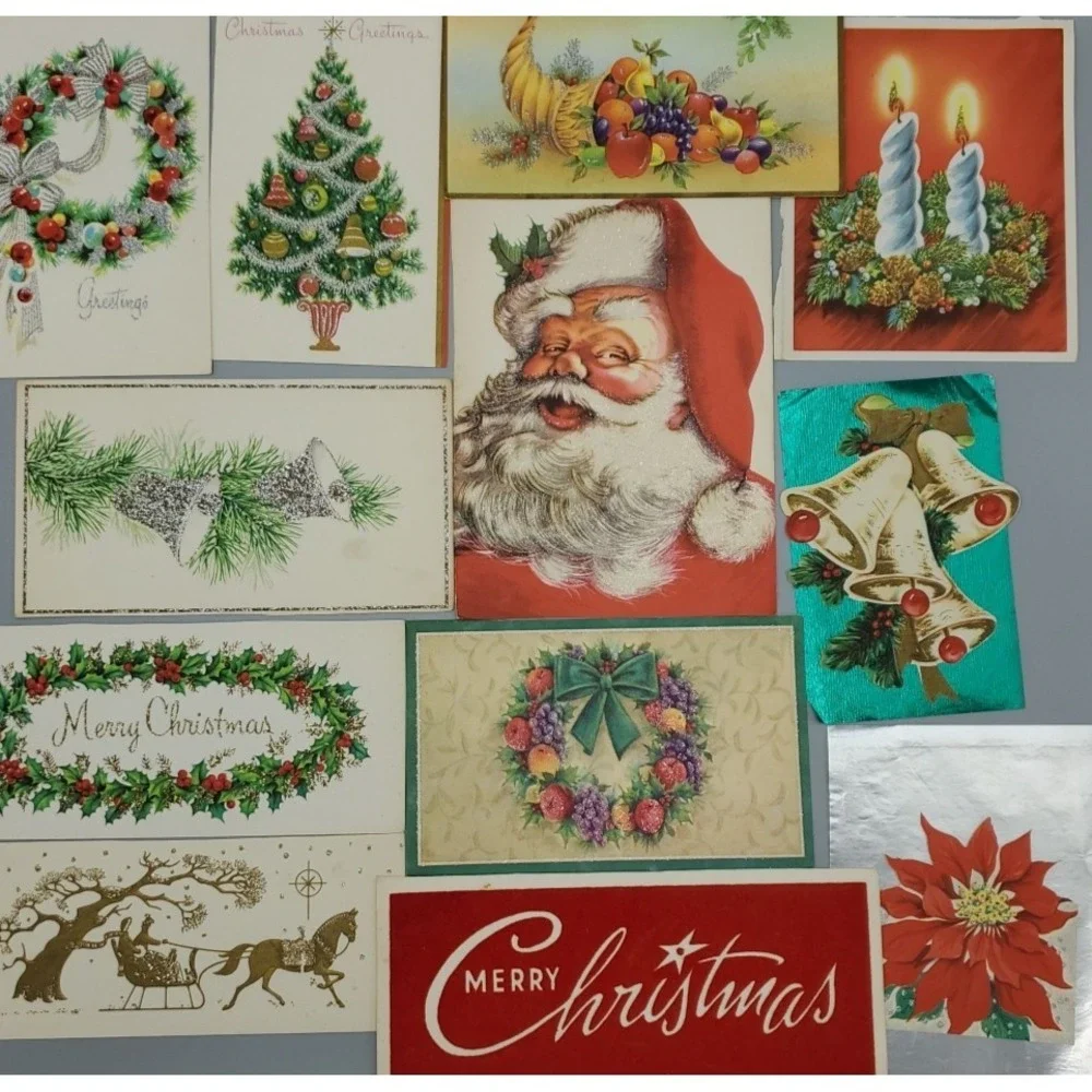 12 Old Vintage Used Greeting Card Fronts Christmas Greetings Embellished Glitter